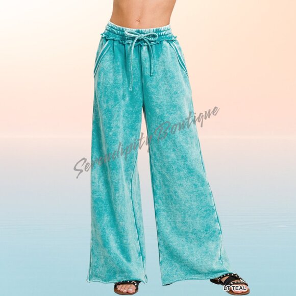 Zenana Outfitters Pants - Comfy Mineral Wash Elastic High Waist Wide Leg Loose Fit Everyday Casual Pants